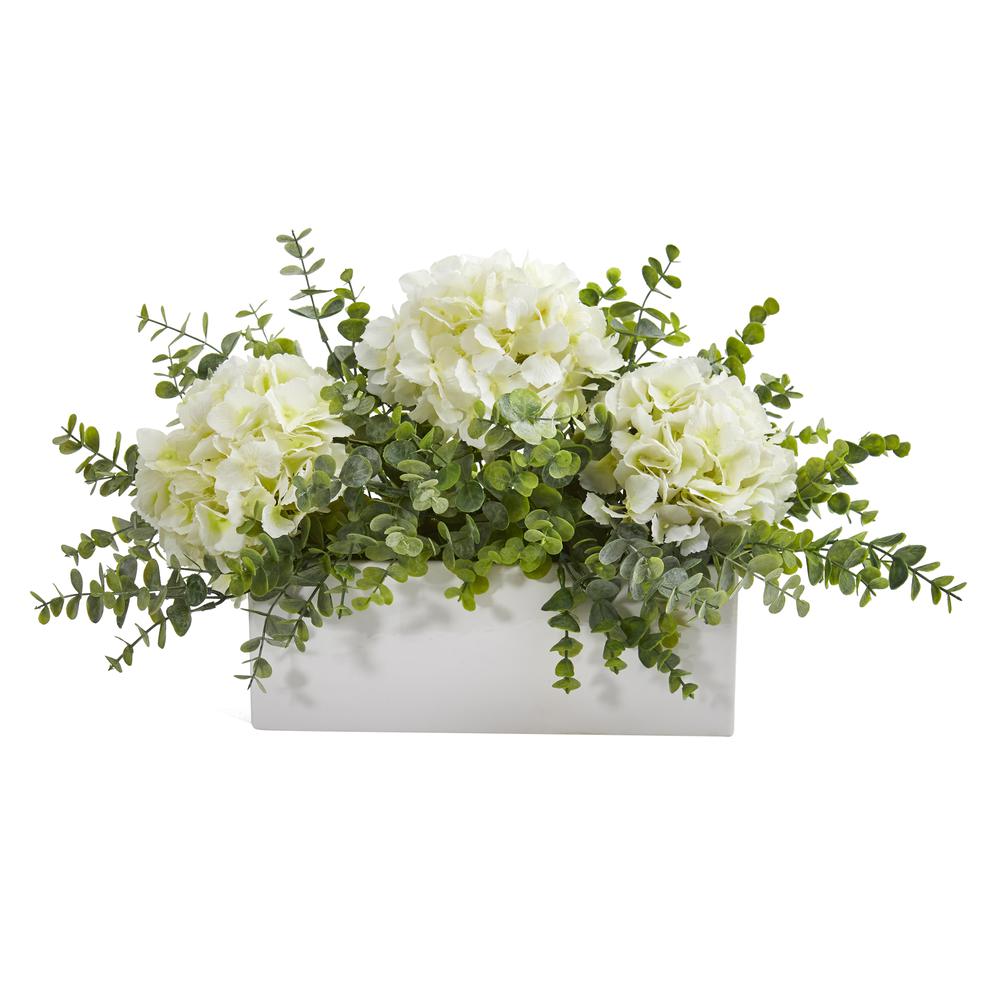 15in. Hydrangea and Eucalyptus Artificial Arrangement in White Vase. Picture 1