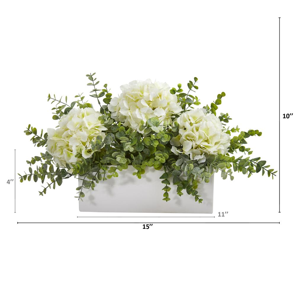 15in. Hydrangea and Eucalyptus Artificial Arrangement in White Vase. Picture 2