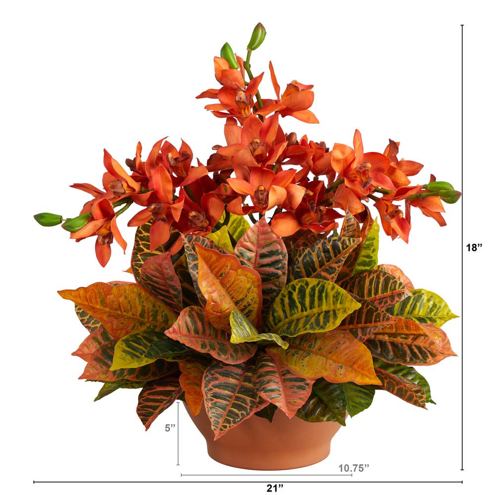 21in. Cymbidium Orchid and Croton Artificial Arrangement in Terra Cotta Vase. Picture 2