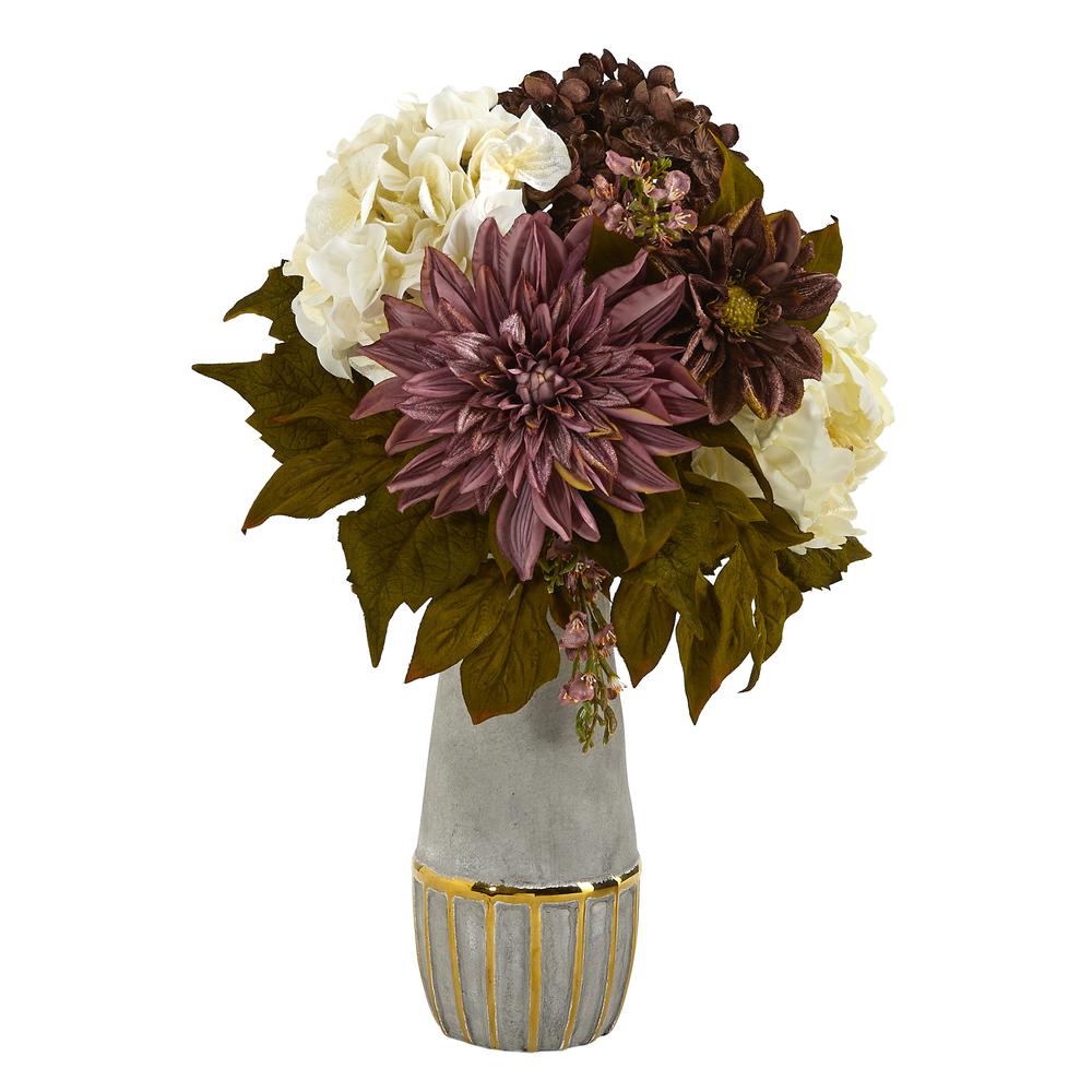 Peony, Hydrangea and Dahlia Artificial Arrangement in Stoneware Vase. Picture 1