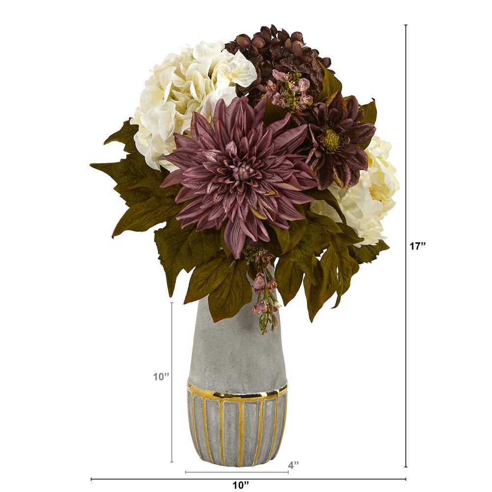 Peony, Hydrangea and Dahlia Artificial Arrangement in Stoneware Vase. Picture 2