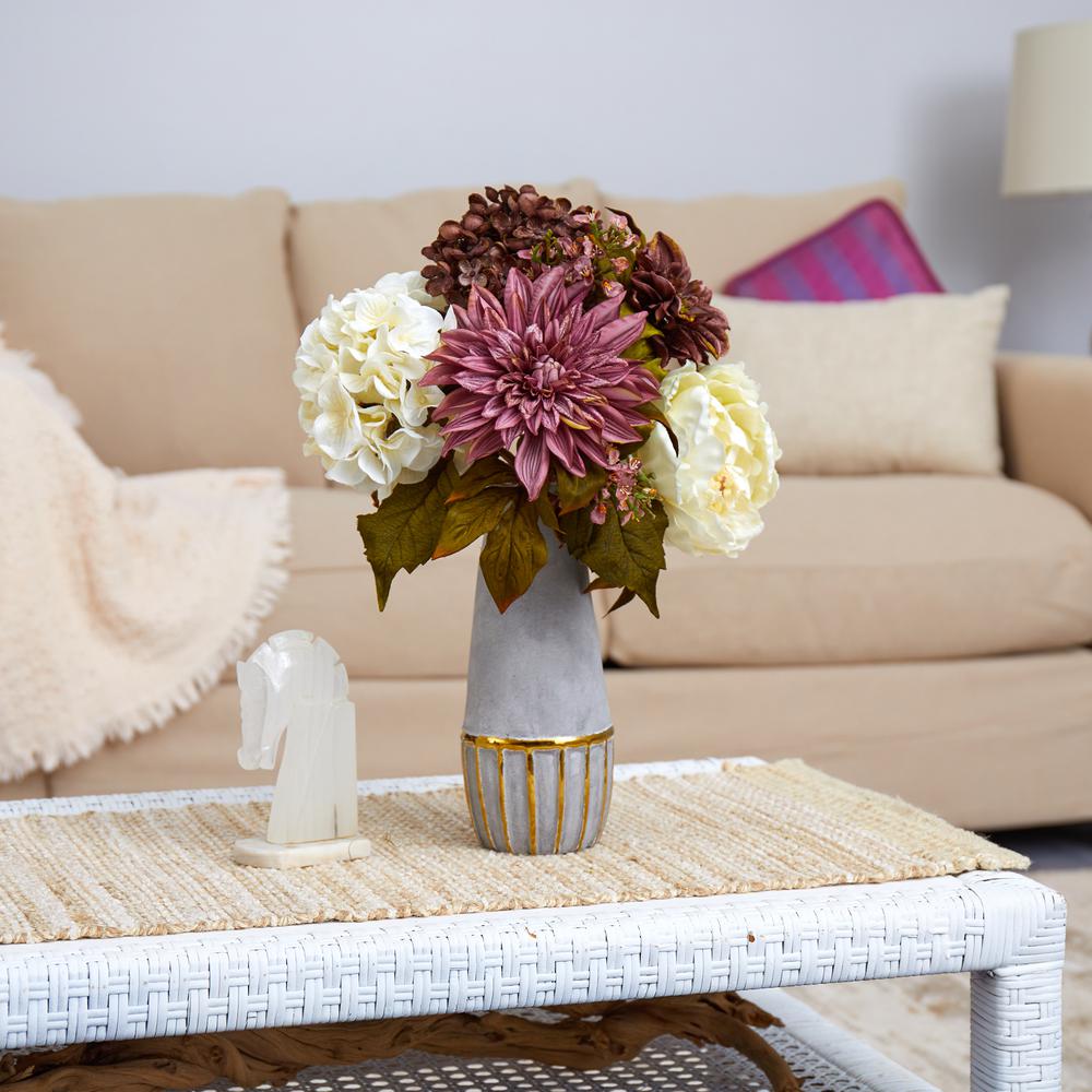 Peony, Hydrangea and Dahlia Artificial Arrangement in Stoneware Vase. Picture 3