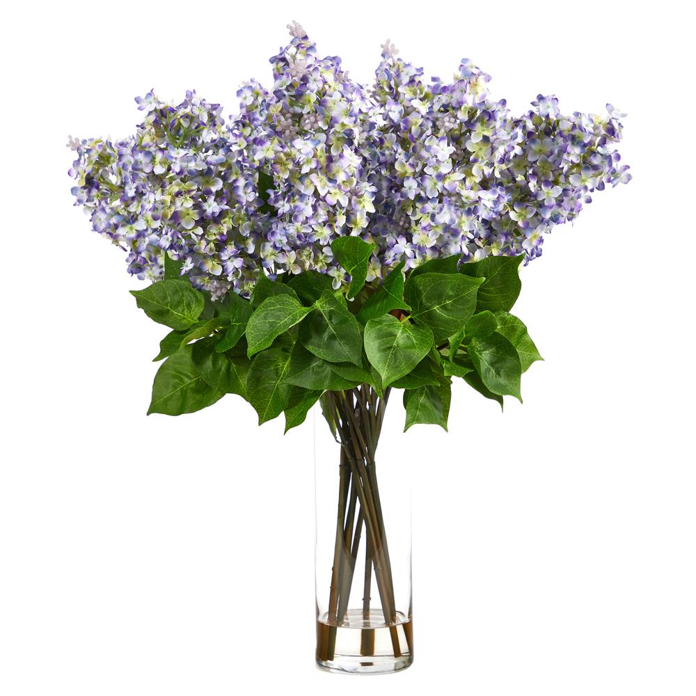 24in. Artificial Lilac Arrangement with Cylinder Glass Vase. Picture 1
