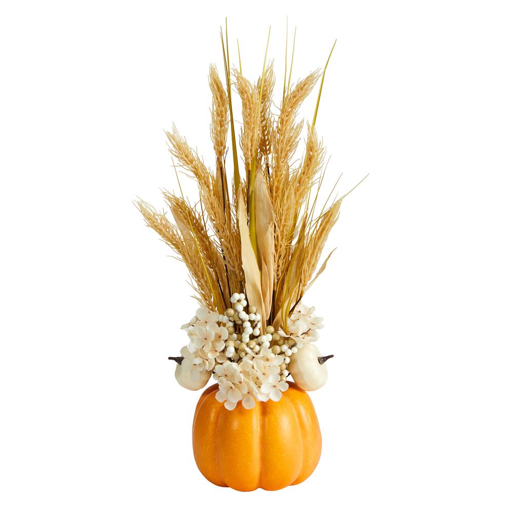 21in. Autumn Dried Wheat and Pumpkin Artificial Fall Arrangement in Decorative Pumpkin Vase. Picture 4