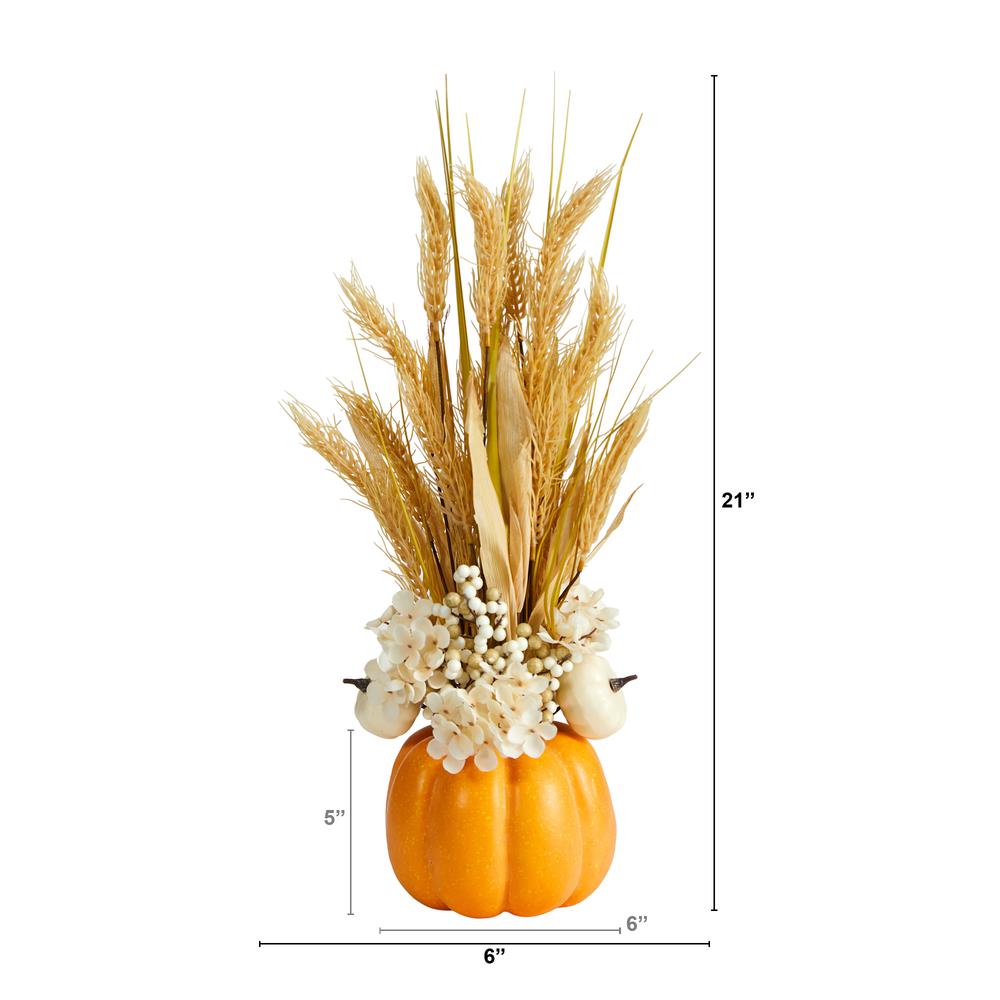 21in. Autumn Dried Wheat and Pumpkin Artificial Fall Arrangement in Decorative Pumpkin Vase. Picture 1