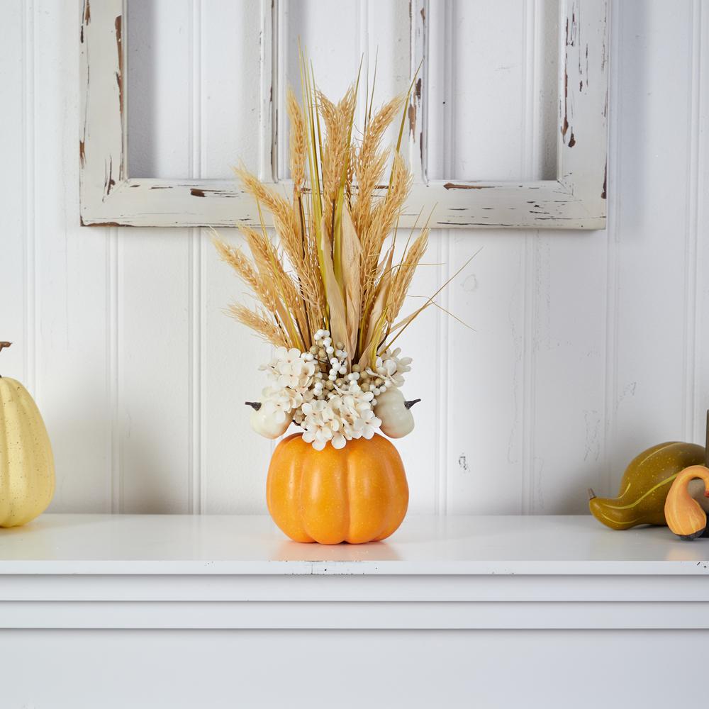 21in. Autumn Dried Wheat and Pumpkin Artificial Fall Arrangement in Decorative Pumpkin Vase. Picture 3