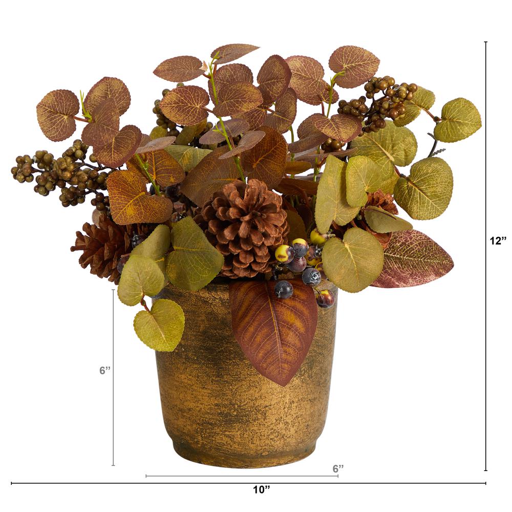 12in. Fall Eucalyptus, Pinecones and Berries Artificial Autumn Arrangement in Decorative Vase. Picture 1