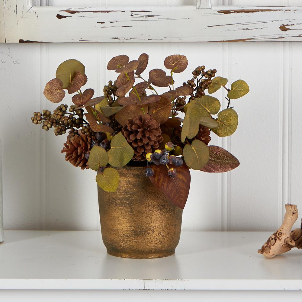 12in. Fall Eucalyptus, Pinecones and Berries Artificial Autumn Arrangement in Decorative Vase. Picture 4