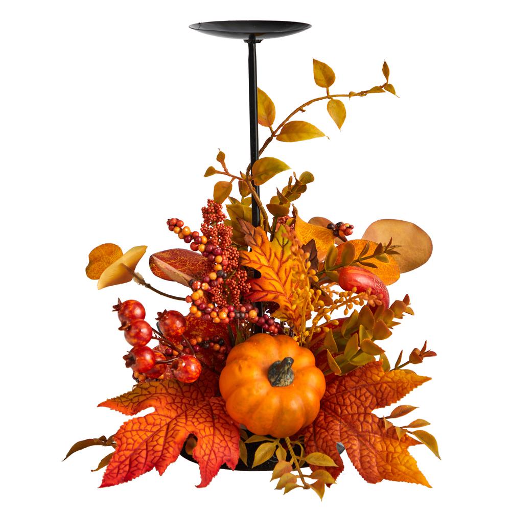 12in. Fall Maple Leaves, Berries and Pumpkin Autumn Harvest Candle Holder. Picture 2