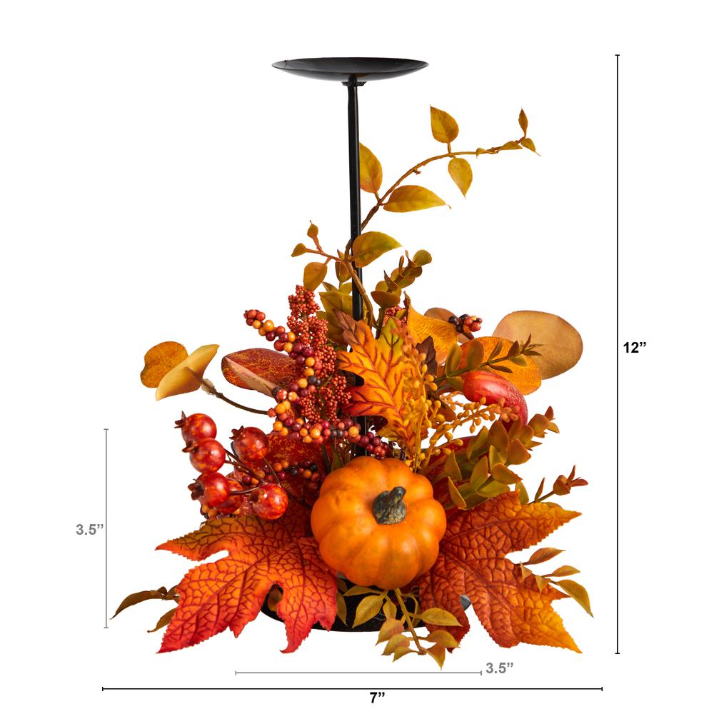 12in. Fall Maple Leaves, Berries and Pumpkin Autumn Harvest Candle Holder. Picture 1