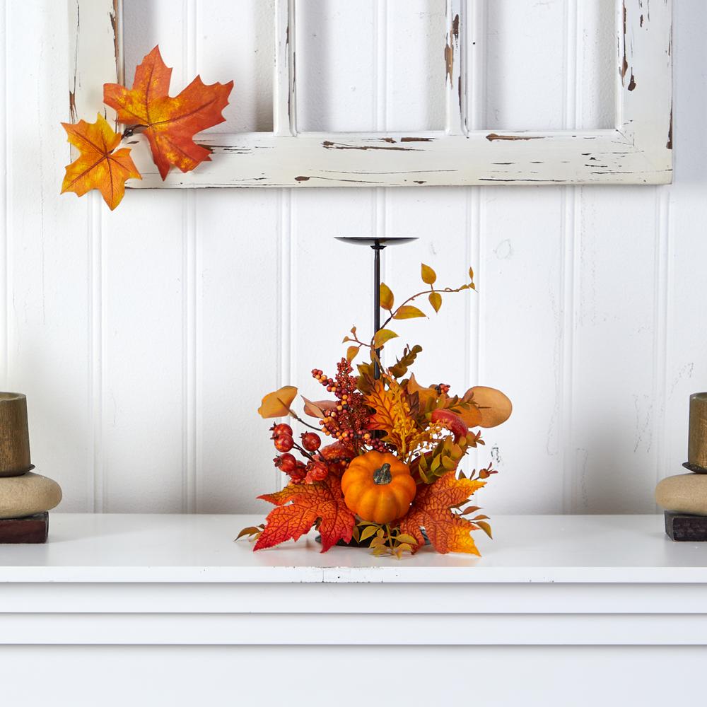 12in. Fall Maple Leaves, Berries and Pumpkin Autumn Harvest Candle Holder. Picture 4