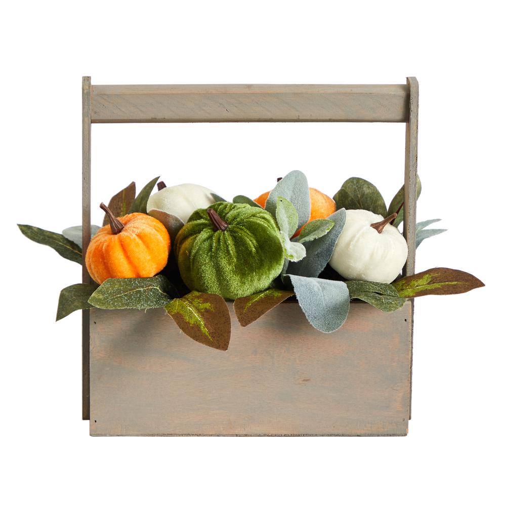 10in. Fall Pumpkin Artificial Autumn Arrangement in Wood Basket. Picture 3