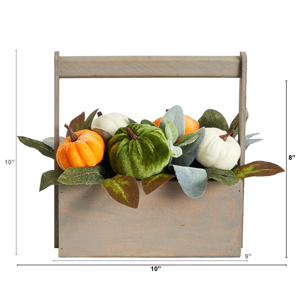 10in. Fall Pumpkin Artificial Autumn Arrangement in Wood Basket. Picture 1