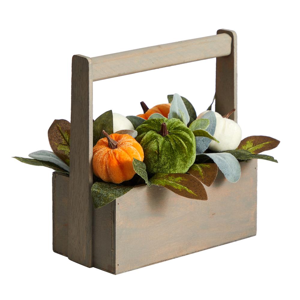 10in. Fall Pumpkin Artificial Autumn Arrangement in Wood Basket. Picture 2
