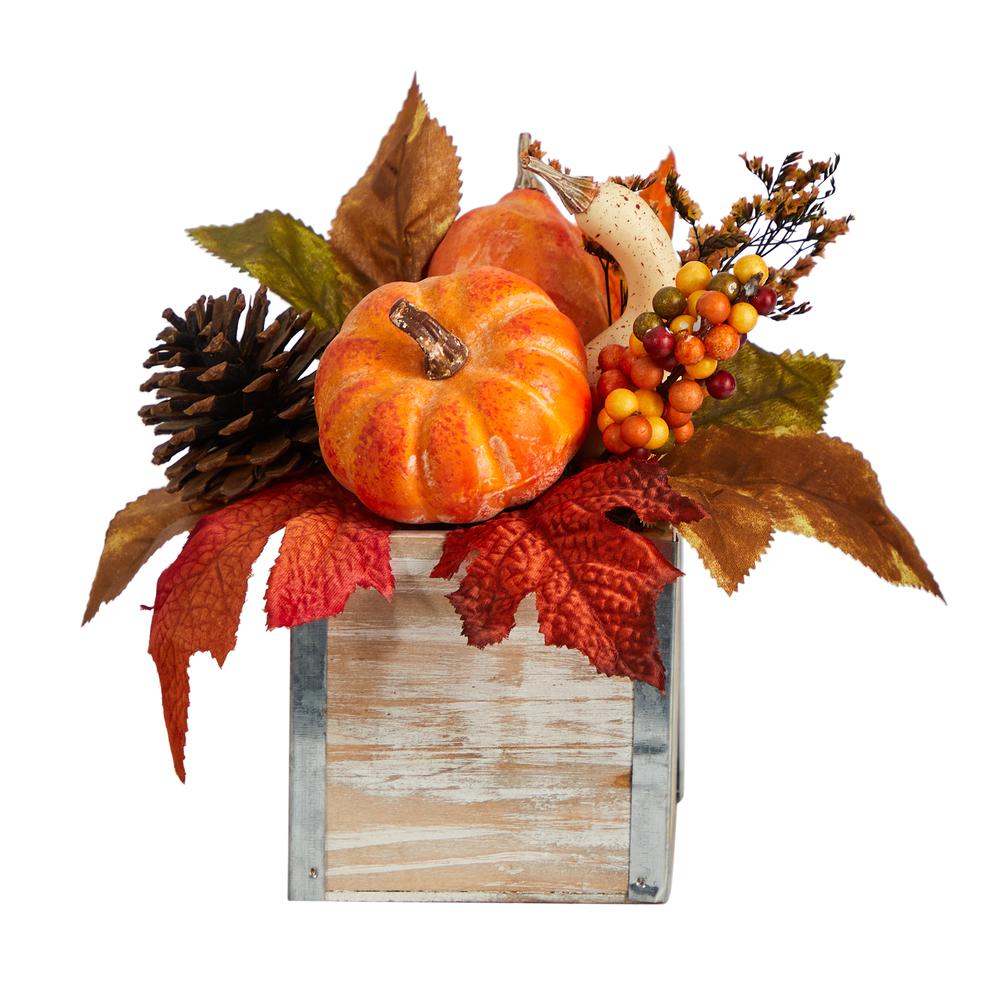 8in. Fall Pumpkin, Gourd, Berries and Pinecones Artificial Autumn Arrangement in Natural Washed Vase. Picture 5