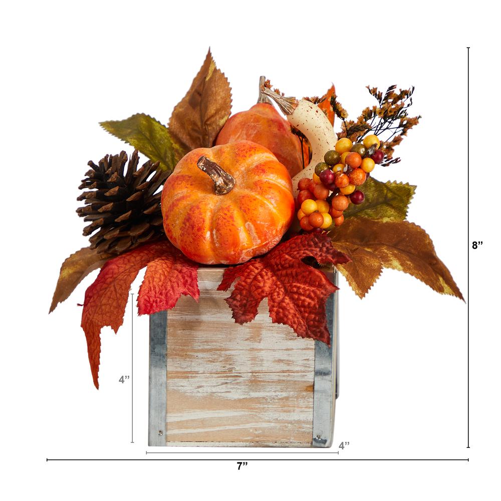 8in. Fall Pumpkin, Gourd, Berries and Pinecones Artificial Autumn Arrangement in Natural Washed Vase. Picture 1
