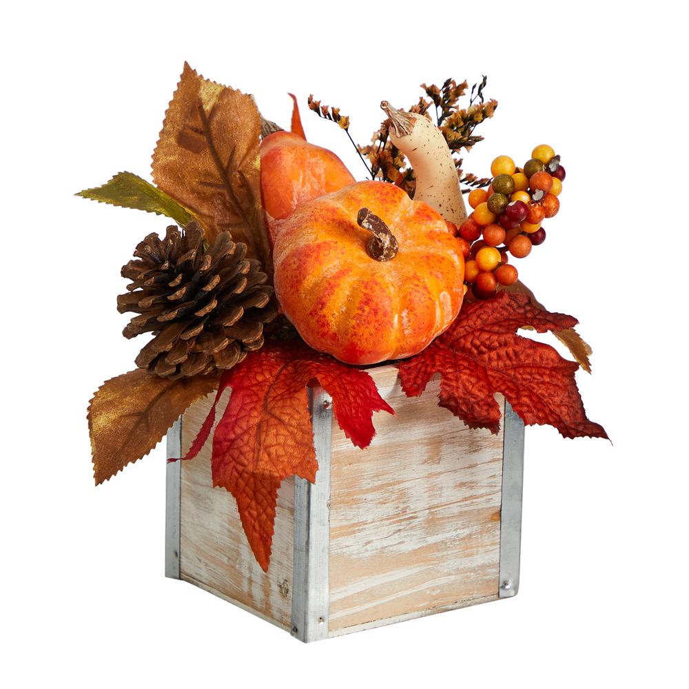 8in. Fall Pumpkin, Gourd, Berries and Pinecones Artificial Autumn Arrangement in Natural Washed Vase. Picture 2
