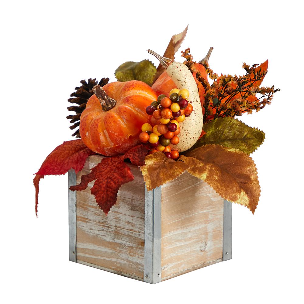 8in. Fall Pumpkin, Gourd, Berries and Pinecones Artificial Autumn Arrangement in Natural Washed Vase. Picture 3