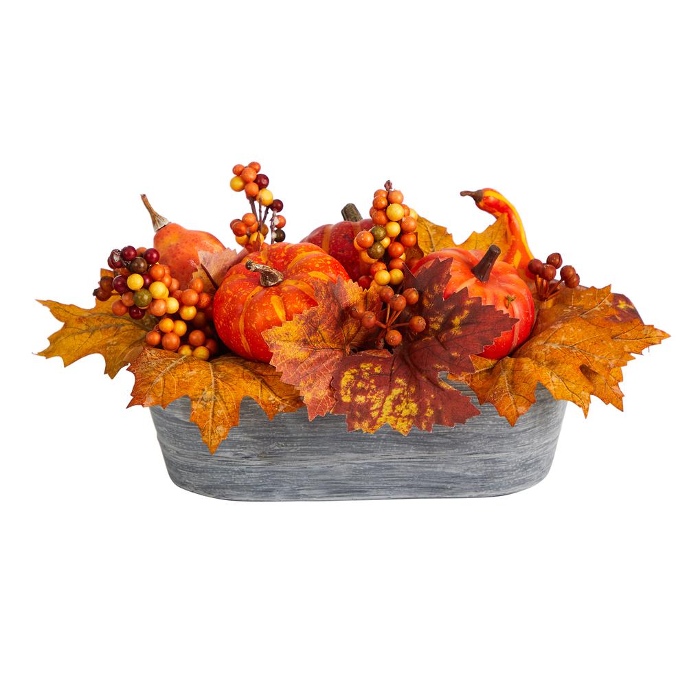 12in. Fall Pumpkin and Berries Autumn Harvest Artificial Arrangement in Washed Vase. Picture 1