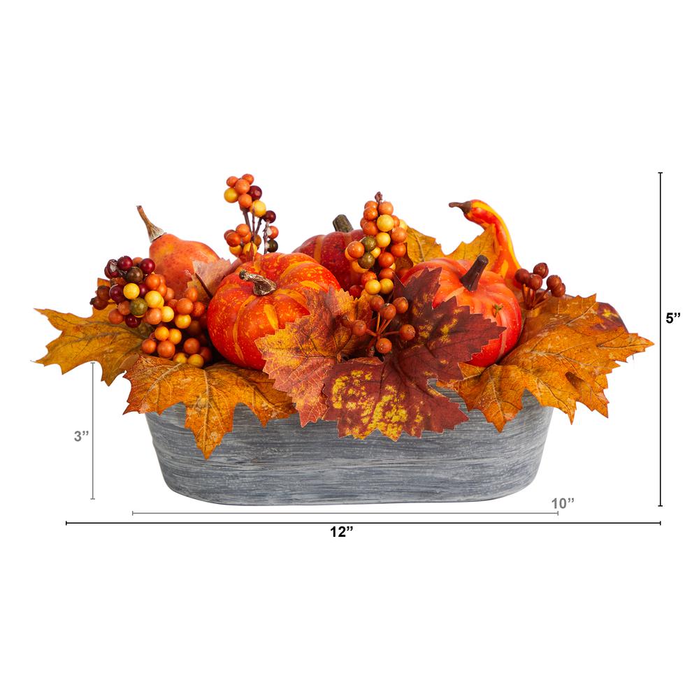 12in. Fall Pumpkin and Berries Autumn Harvest Artificial Arrangement in Washed Vase. Picture 2