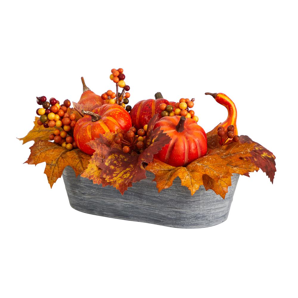 12in. Fall Pumpkin and Berries Autumn Harvest Artificial Arrangement in Washed Vase. Picture 3