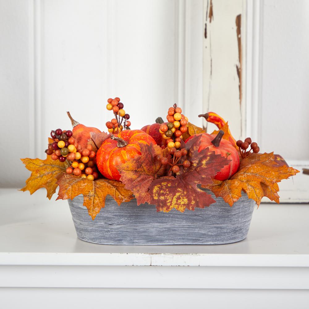 12in. Fall Pumpkin and Berries Autumn Harvest Artificial Arrangement in Washed Vase. Picture 5