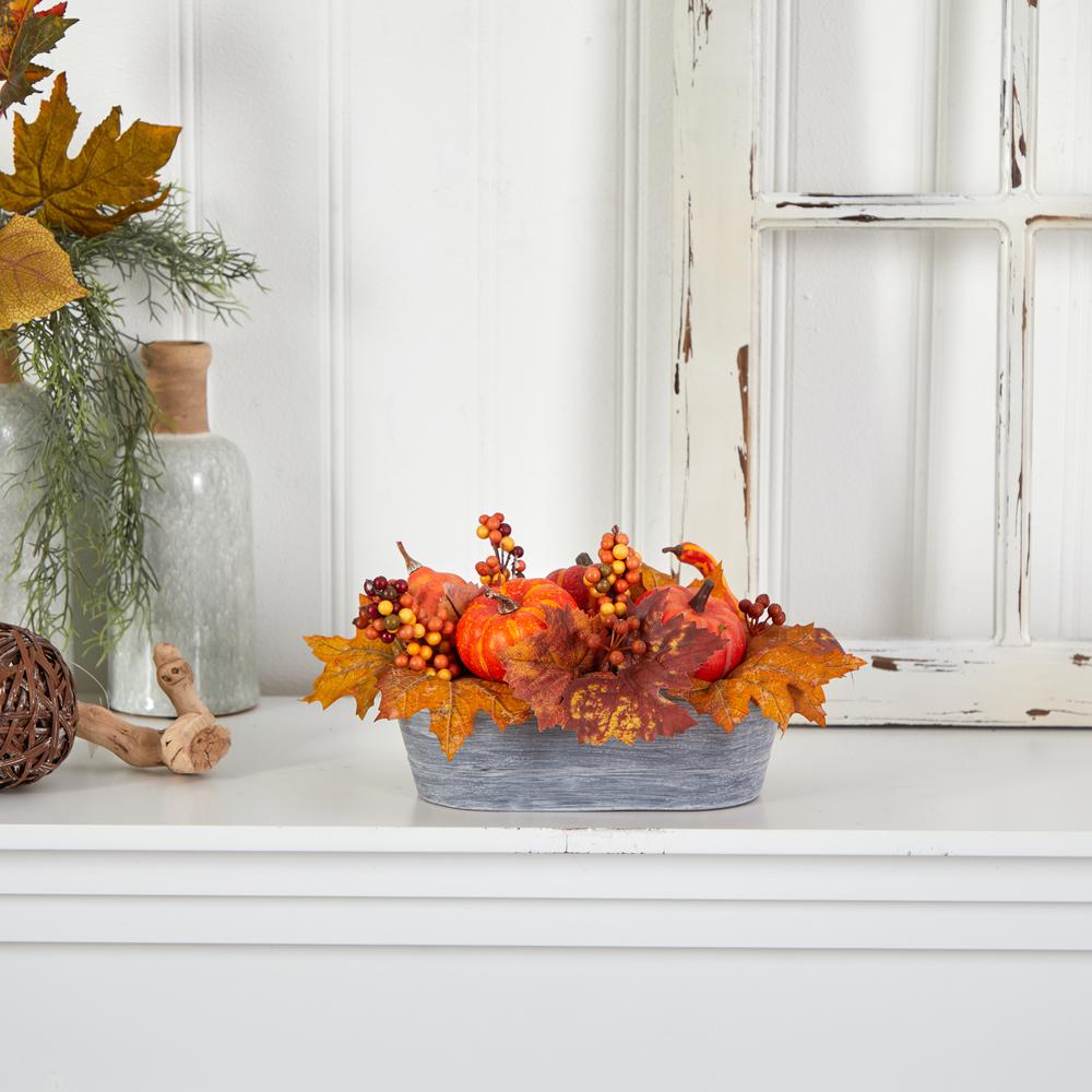 12in. Fall Pumpkin and Berries Autumn Harvest Artificial Arrangement in Washed Vase. Picture 4