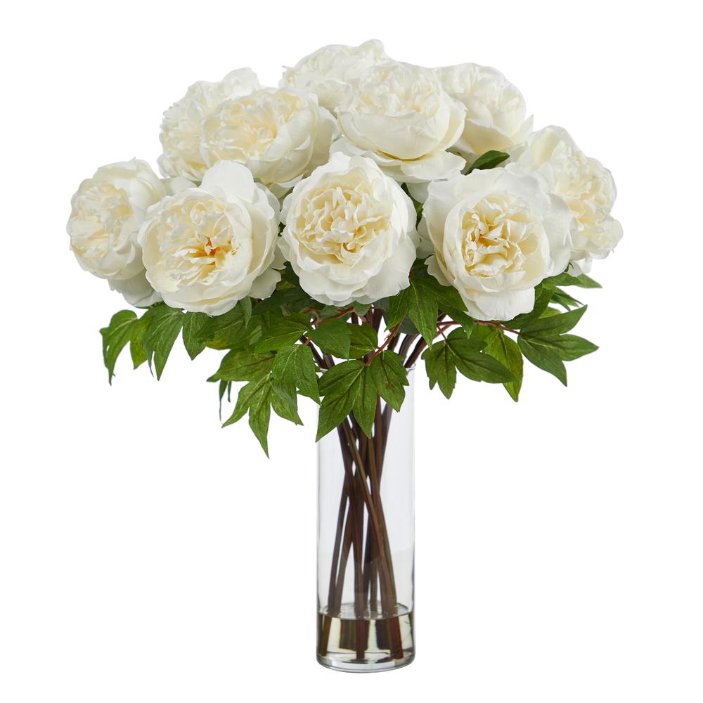 22in. Artificial Peony Arrangement with Cylinder Glass Vase. Picture 1