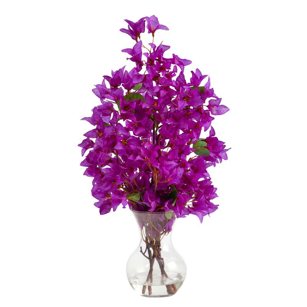 22in. Artificial Bougainvillea Arrangement with Fluted Glass Vase. Picture 1