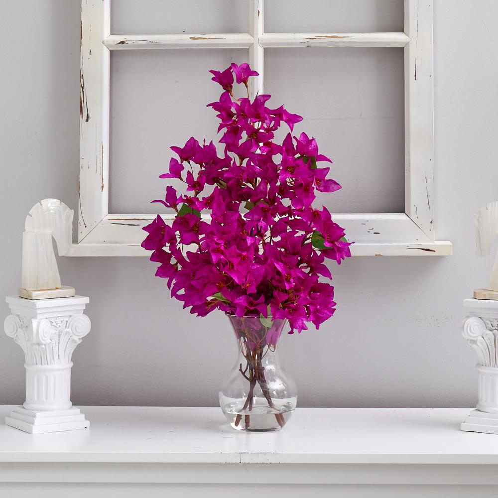 22in. Artificial Bougainvillea Arrangement with Fluted Glass Vase. Picture 4