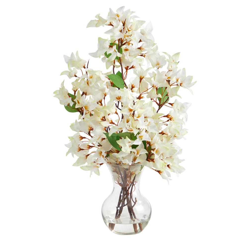 22in. Artificial Bougainvillea Arrangement with Fluted Glass Vase. Picture 1
