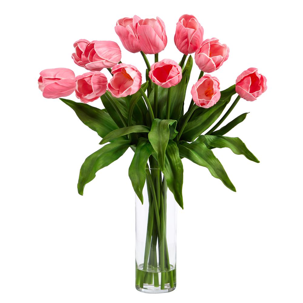 23in. Artificial Tulip Arrangement with Cylinder Glass Vase. Picture 1