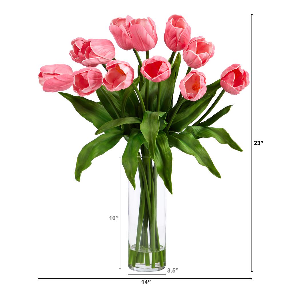 23in. Artificial Tulip Arrangement with Cylinder Glass Vase. Picture 2