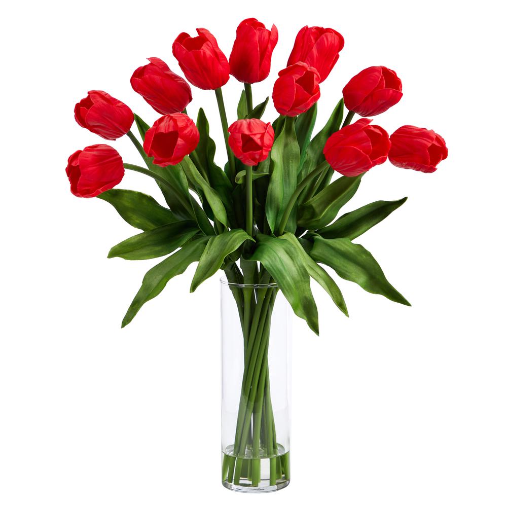 23in. Artificial Tulip Arrangement with Cylinder Glass Vase. Picture 1
