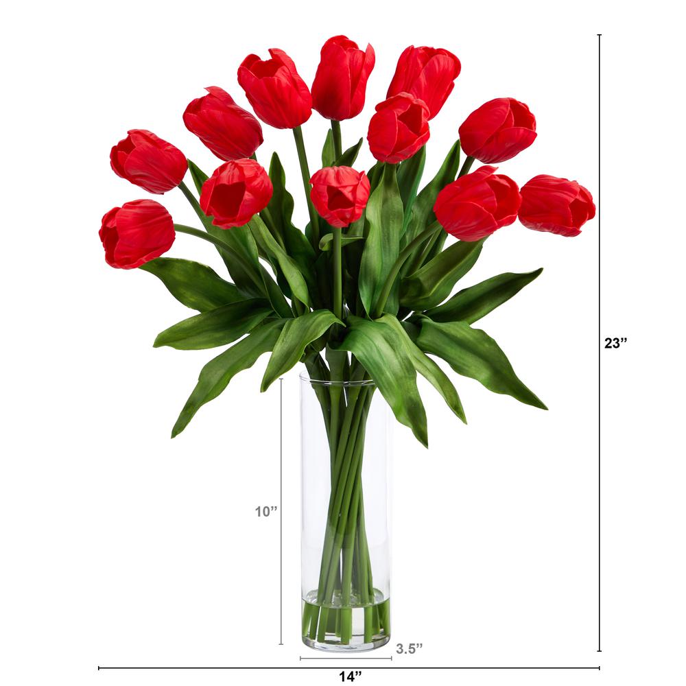 23in. Artificial Tulip Arrangement with Cylinder Glass Vase. Picture 2