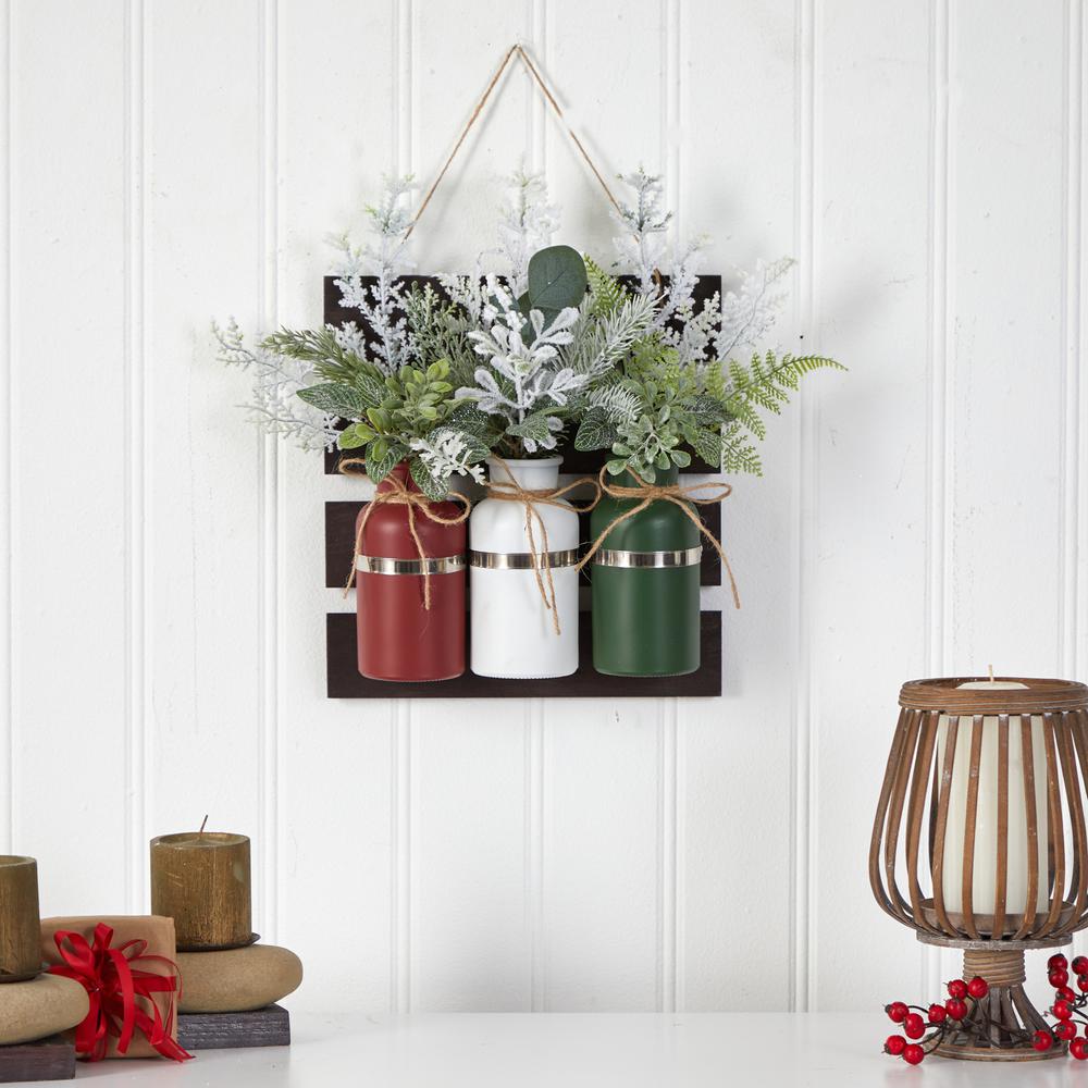 17in. Holiday Assorted Christmas Pine Hanging Three Piece Mason Jar Artificial Arrangement Wall Art Décor. Picture 5