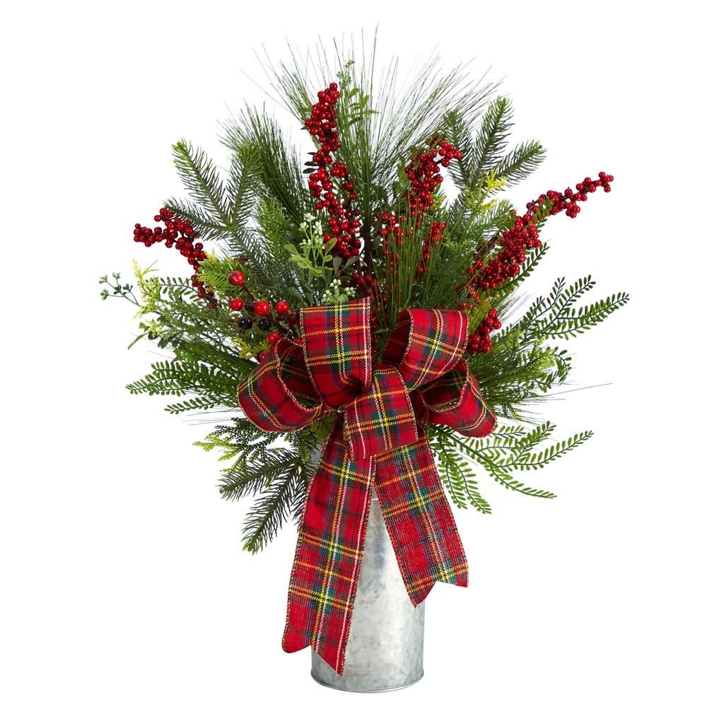 28in. Holiday Winter Greenery, Berries and Plaid Bow Artificial Christmas Arrangement Home Décor. Picture 1