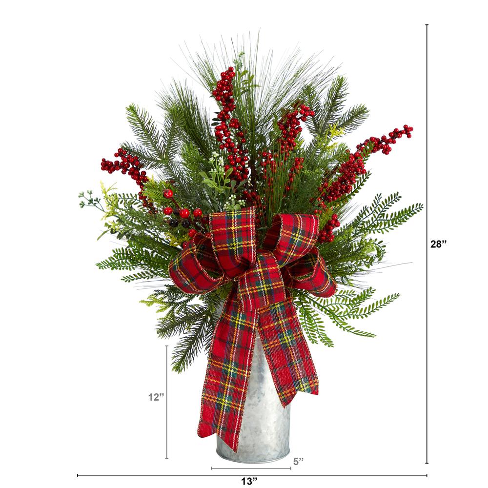 28in. Holiday Winter Greenery, Berries and Plaid Bow Artificial Christmas Arrangement Home Décor. Picture 2