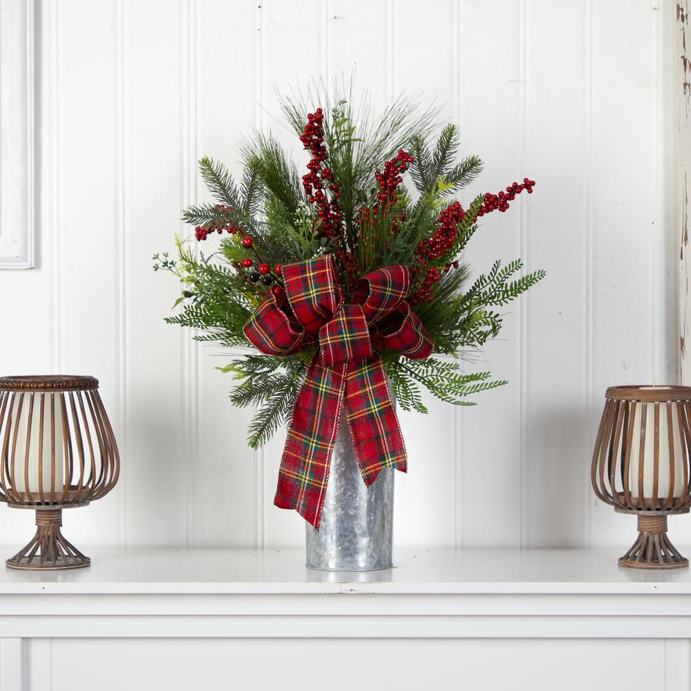 28in. Holiday Winter Greenery, Berries and Plaid Bow Artificial Christmas Arrangement Home Décor. Picture 4