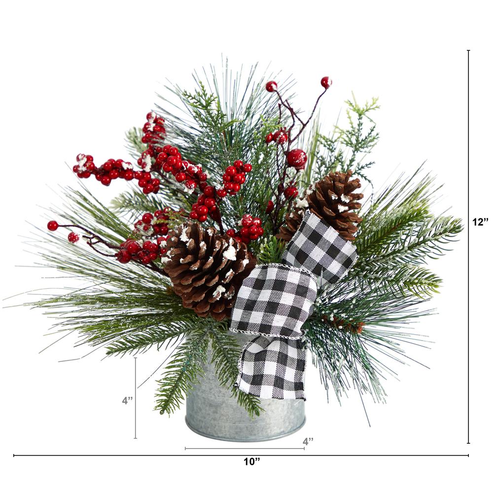 12in. Frosted Pinecones and Berries Artificial Arrangement in Vase with Decorative Plaid Bow. Picture 1