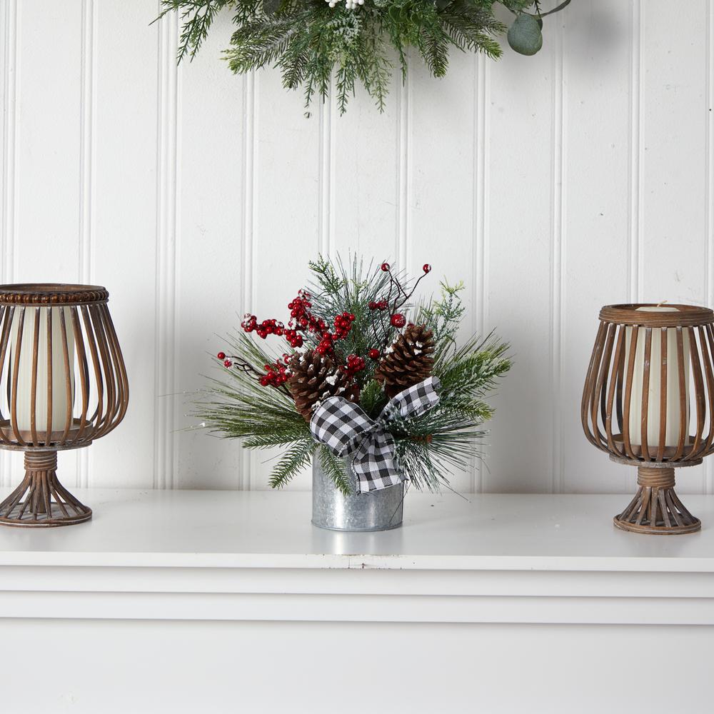 12in. Frosted Pinecones and Berries Artificial Arrangement in Vase with Decorative Plaid Bow. Picture 3
