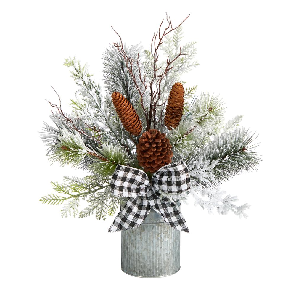 20in. Holiday Winter Greenery with Pinecones and Gingham Plaid Bow Table Artificial Christmas Arrangement. Picture 1