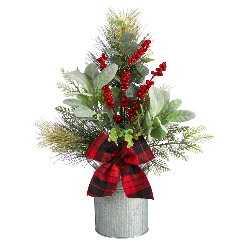 20in. Holiday Winter Greenery, Pinecone and Berries with Buffalo Plaid Bow Artificial Christmas Table Arrangement. Picture 4
