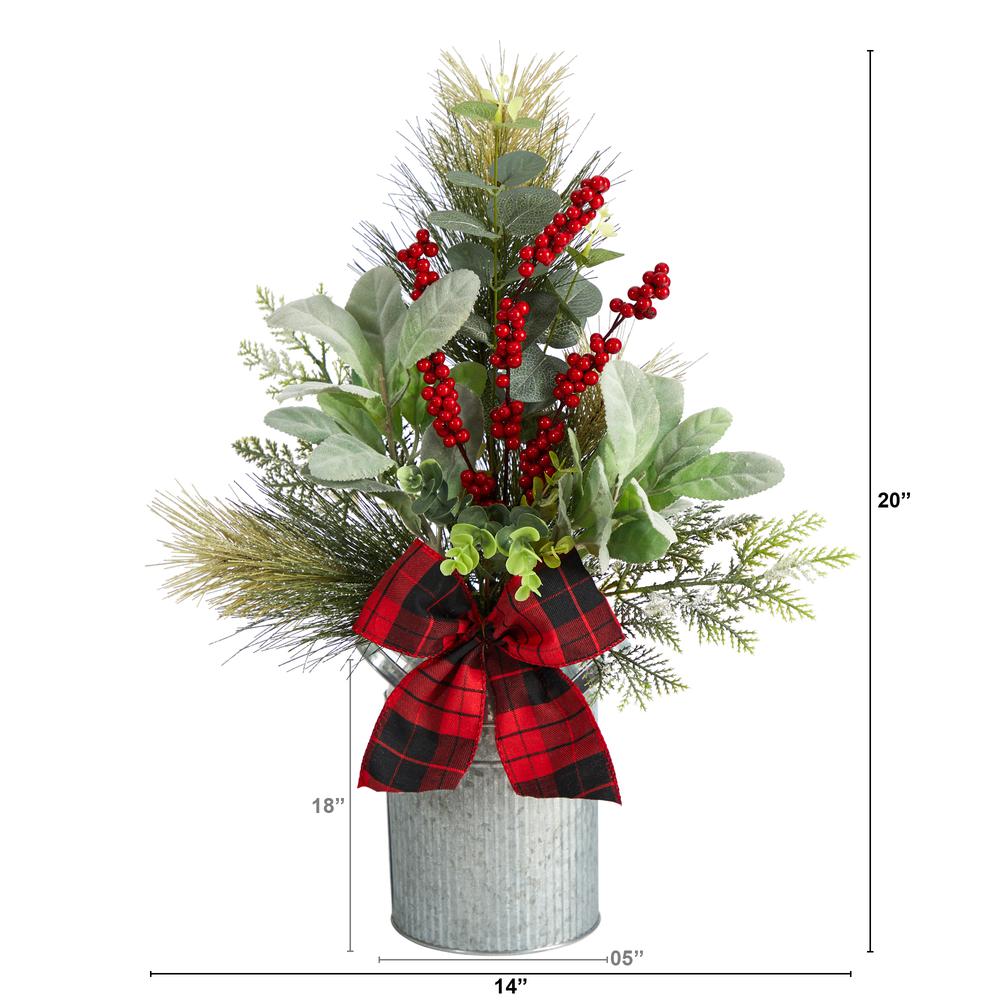 20in. Holiday Winter Greenery, Pinecone and Berries with Buffalo Plaid Bow Artificial Christmas Table Arrangement. Picture 1