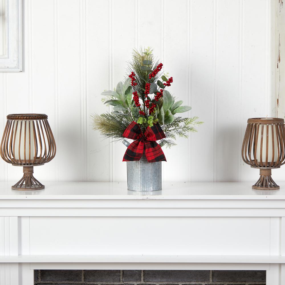 20in. Holiday Winter Greenery, Pinecone and Berries with Buffalo Plaid Bow Artificial Christmas Table Arrangement. Picture 3