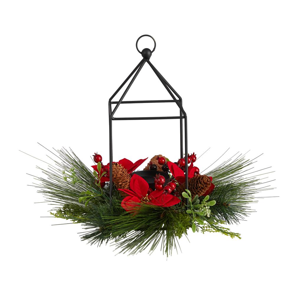 14in. Christmas Poinsettia, Berry and Pinecone Metal Candle Holder Christmas Artificial Table Arrangement. Picture 1