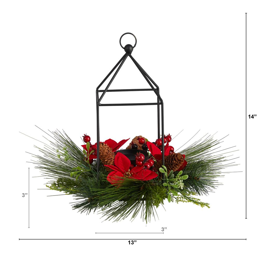 14in. Christmas Poinsettia, Berry and Pinecone Metal Candle Holder Christmas Artificial Table Arrangement. Picture 2