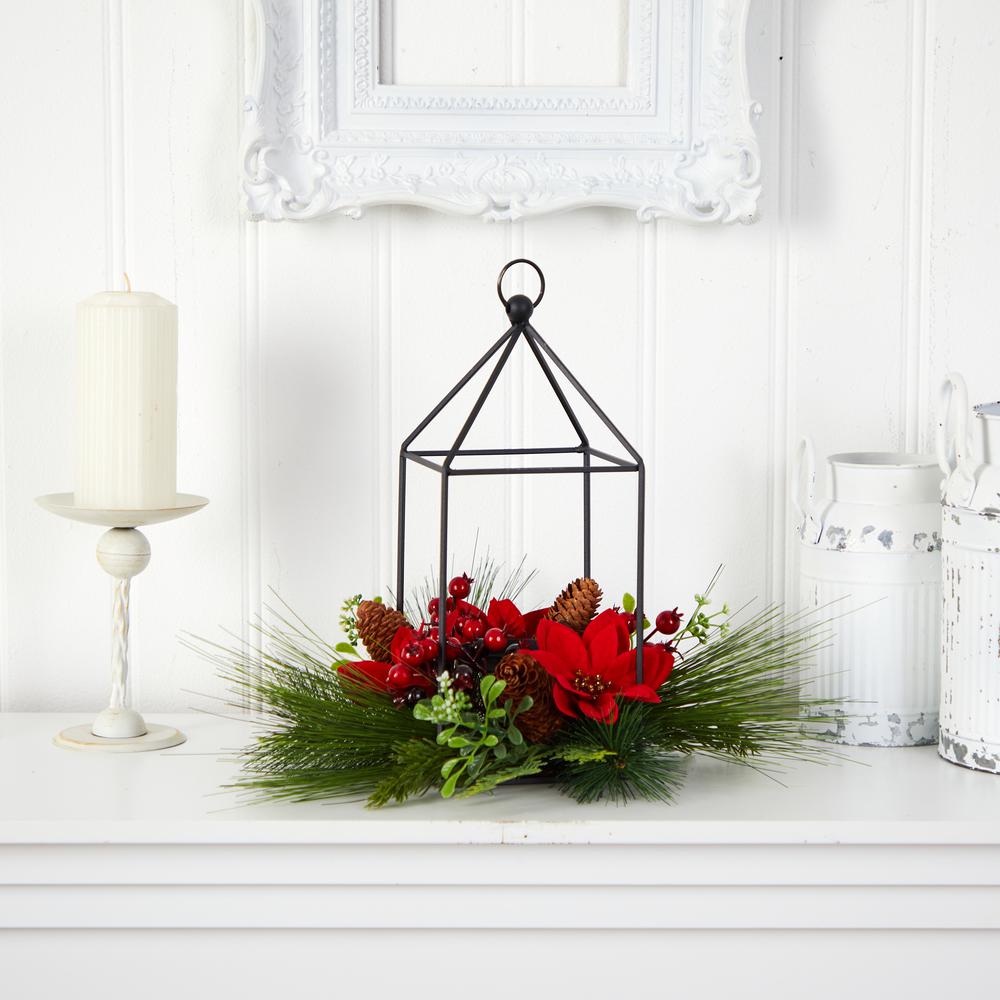 14in. Christmas Poinsettia, Berry and Pinecone Metal Candle Holder Christmas Artificial Table Arrangement. Picture 4