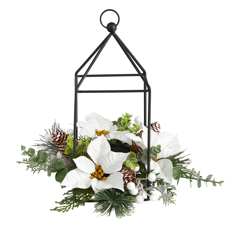 14in. Holiday White Poinsettia, Berries and Pine Cone Metal Candle Holder Table Christmas Artificial Arrangement. The main picture.