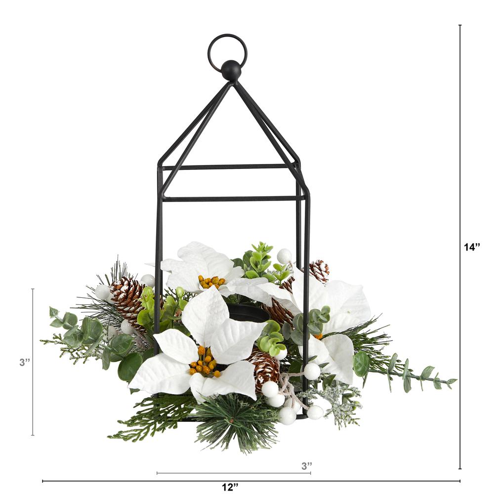 14in. Holiday White Poinsettia, Berries and Pine Cone Metal Candle Holder Table Christmas Artificial Arrangement. Picture 2